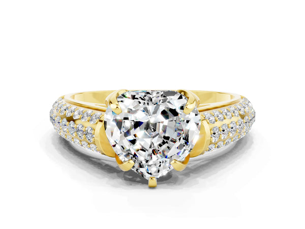 Yellow gold Heart Cut Moissanite Solitaire Ring with Three-Row Pavé Band and Four-Prong Setting