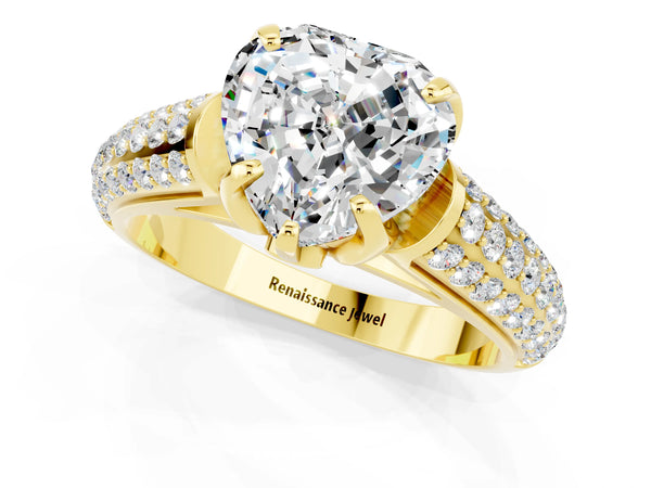 Yellow gold Heart Cut Moissanite Solitaire Ring with Three-Row Pavé Band and Four-Prong Setting