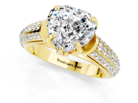 Yellow gold Heart Cut Moissanite Solitaire Ring with Three-Row Pavé Band and Four-Prong Setting_13