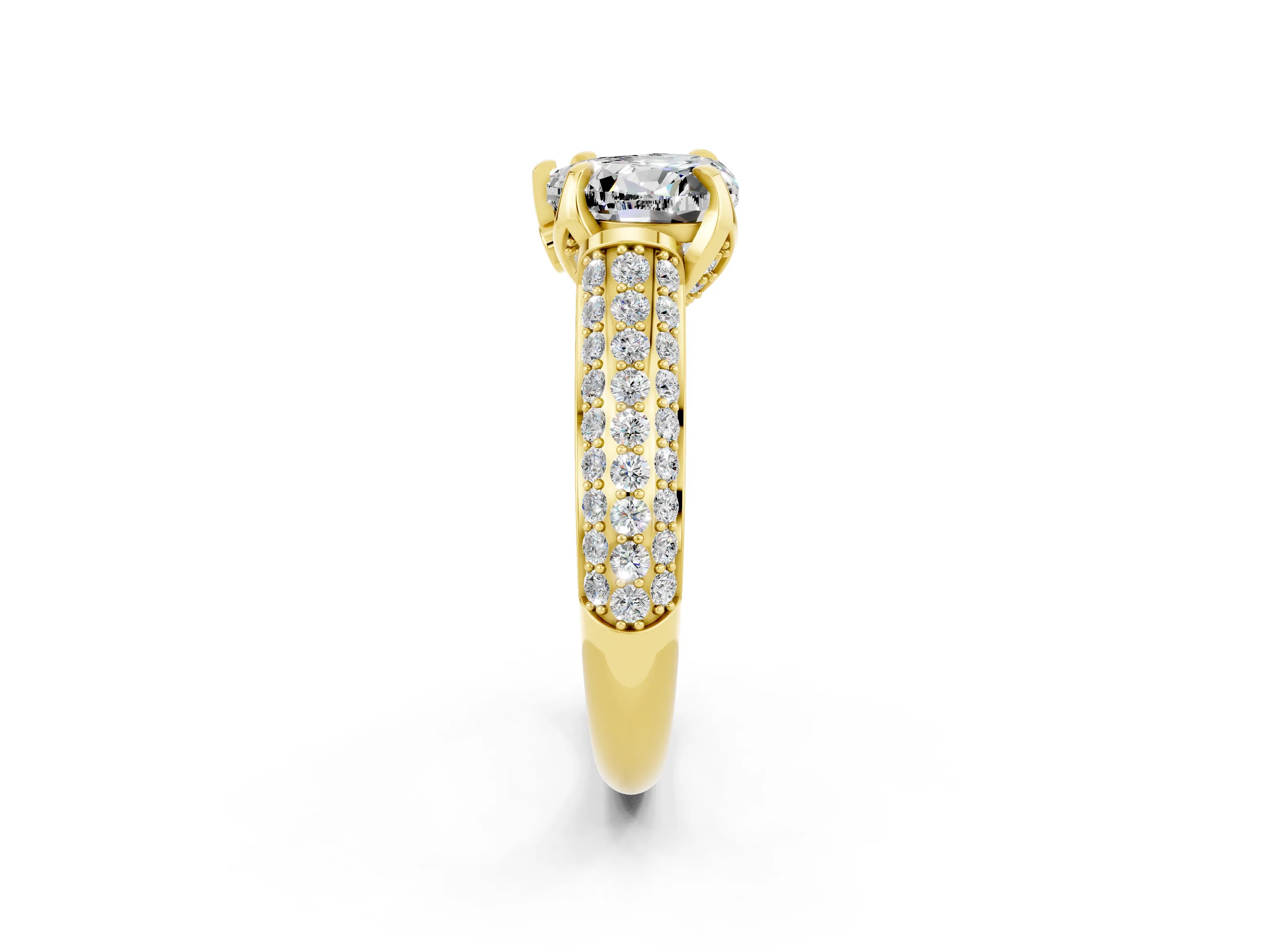 Yellow gold Heart Cut Moissanite Solitaire Ring with Three-Row Pavé Band and Four-Prong Setting_14