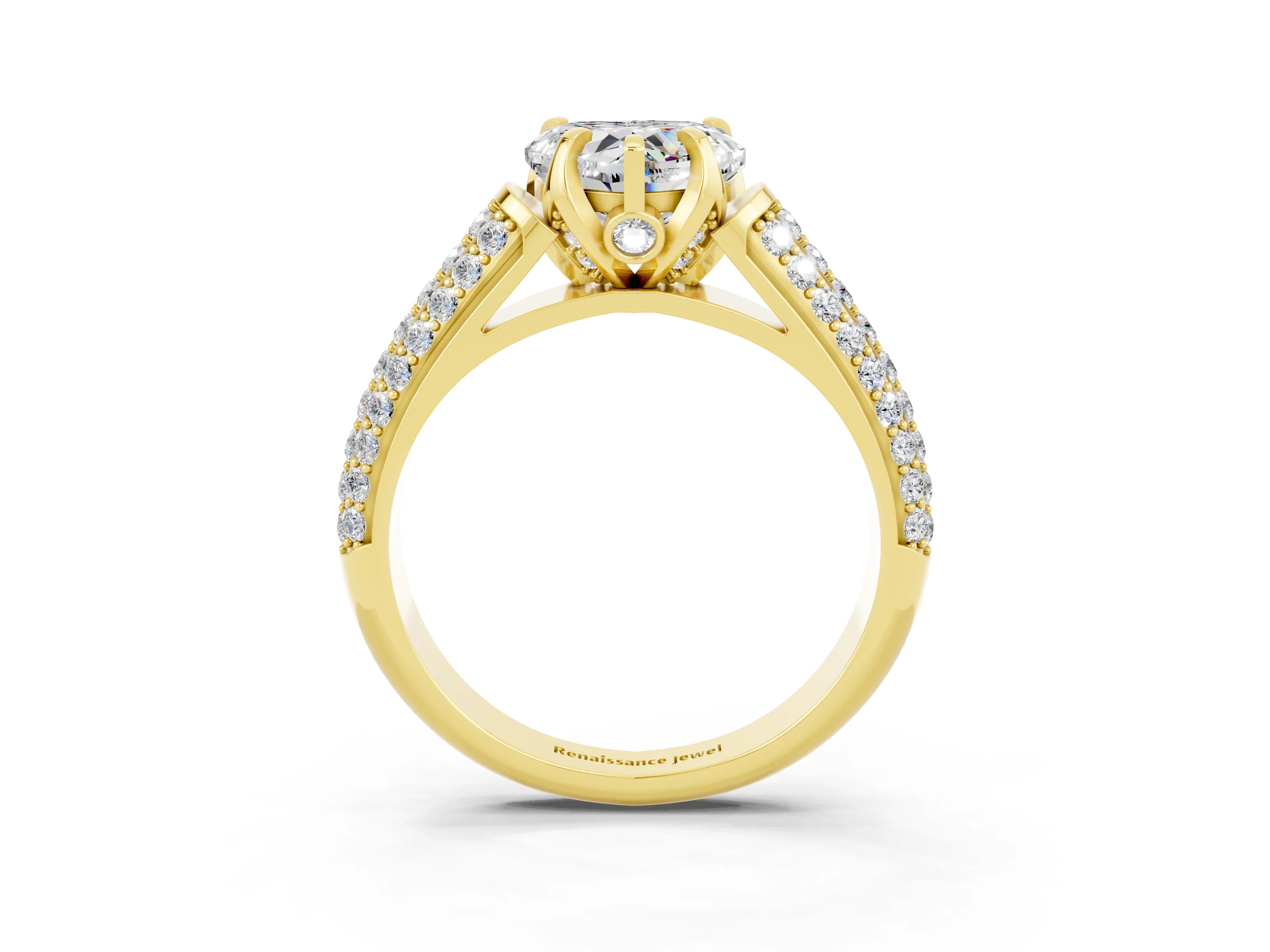 Yellow gold Heart Cut Moissanite Solitaire Ring with Three-Row Pavé Band and Four-Prong Setting_15