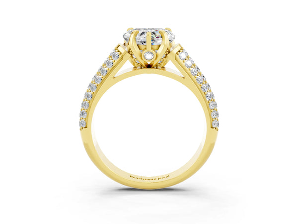 Yellow gold Heart Cut Moissanite Solitaire Ring with Three-Row Pavé Band and Four-Prong Setting