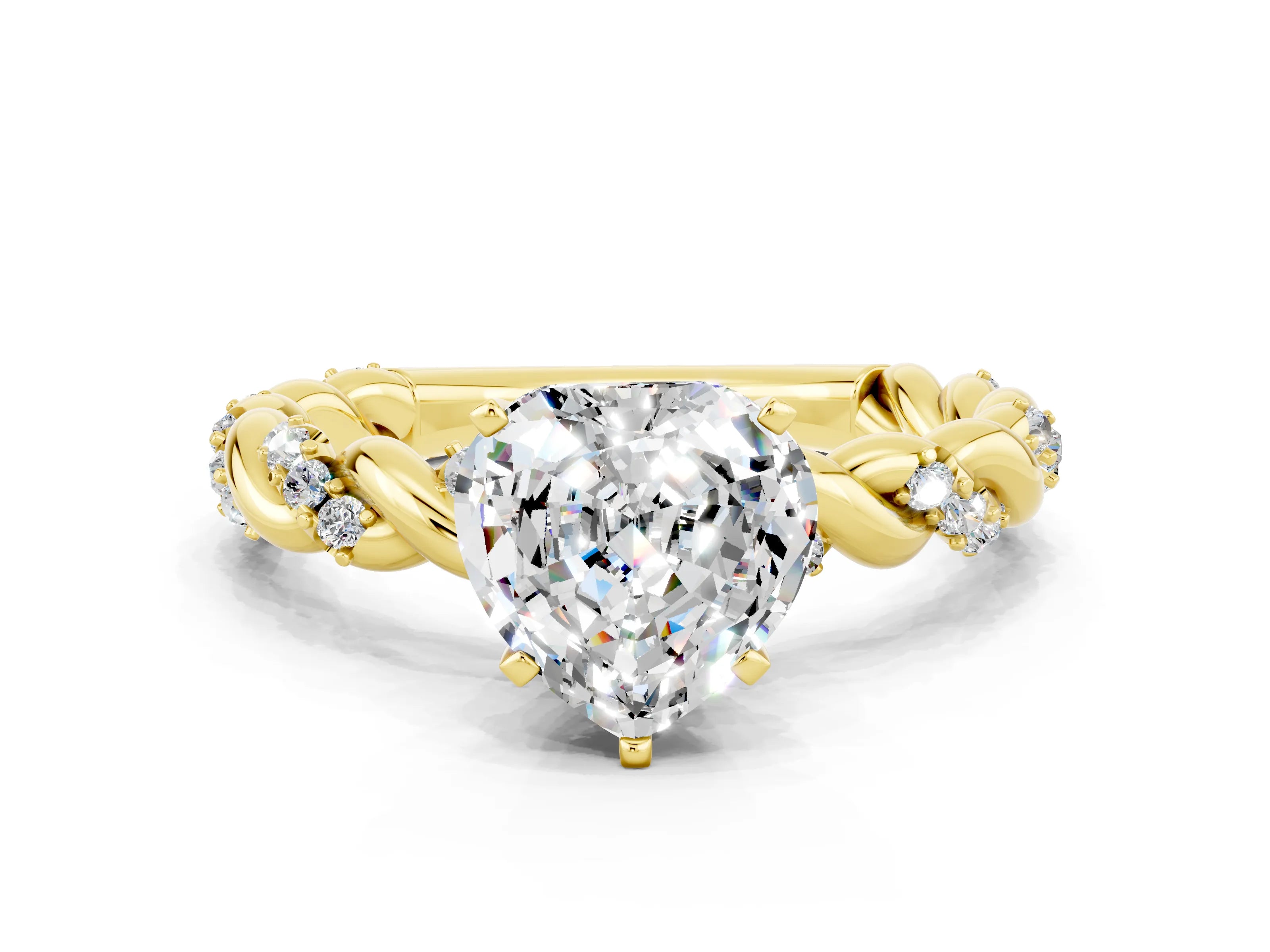 Yellow gold Heart Cut Moissanite Solitaire Ring with Twisted Band and Pavé Accents