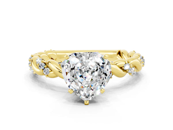 Yellow gold Heart Cut Moissanite Solitaire Ring with Twisted Band and Pavé Accents