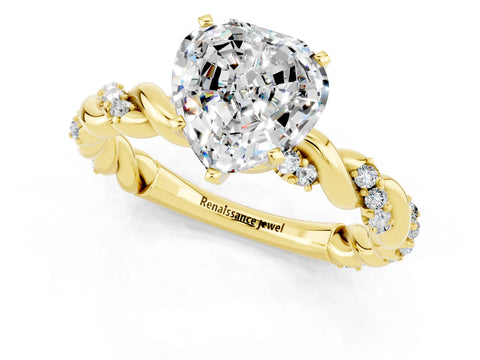 Yellow gold Heart Cut Moissanite Solitaire Ring with Twisted Band and Pavé Accents_1