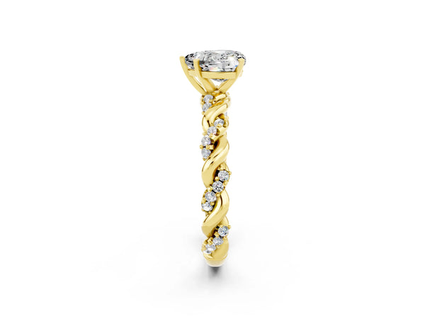 Yellow gold Heart Cut Moissanite Solitaire Ring with Twisted Band and Pavé Accents