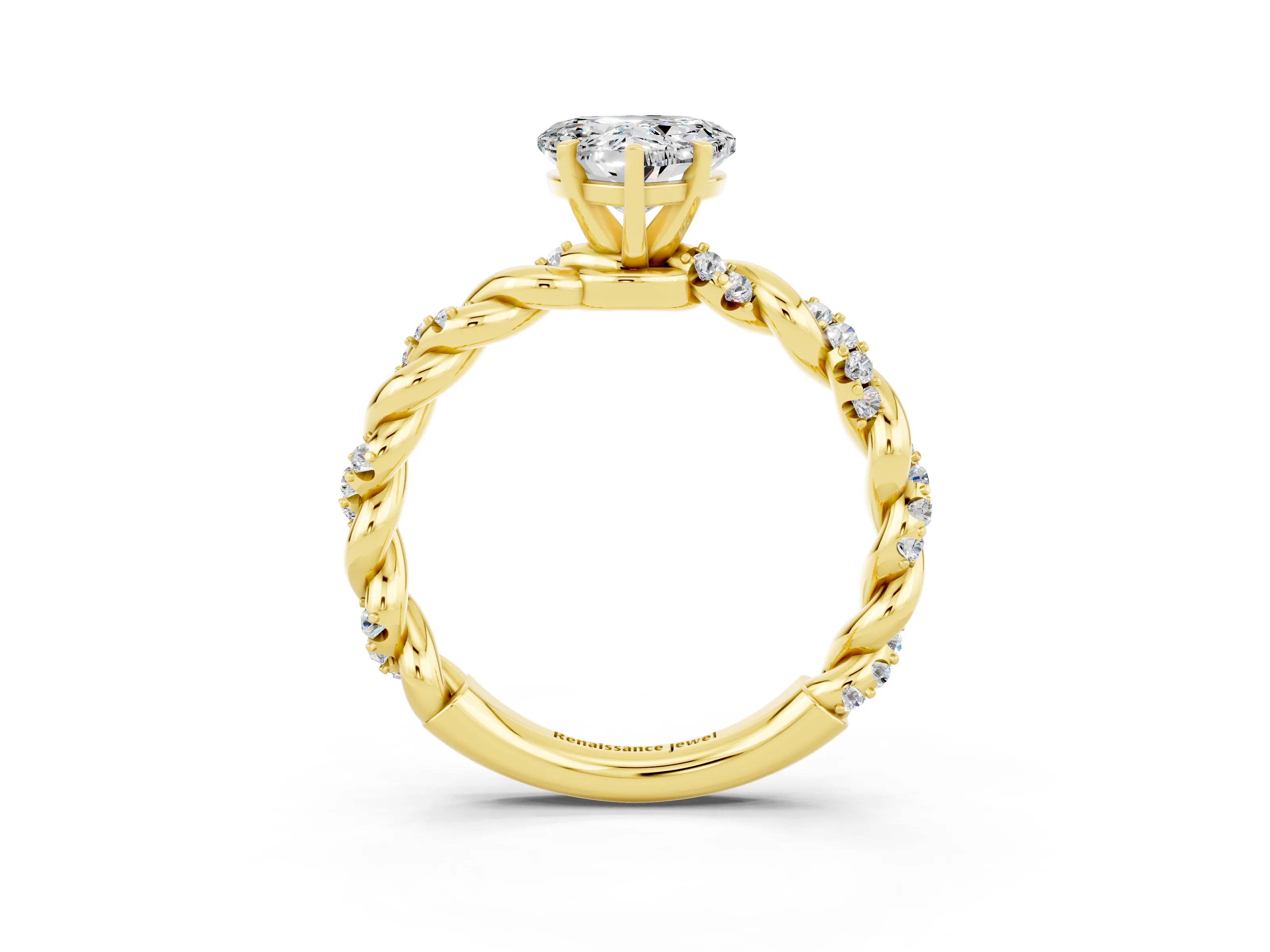 Yellow gold Heart Cut Moissanite Solitaire Ring with Twisted Band and Pavé Accents_3