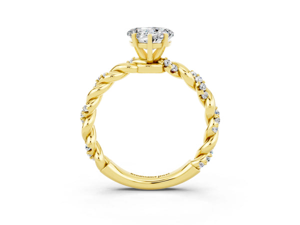 Yellow gold Heart Cut Moissanite Solitaire Ring with Twisted Band and Pavé Accents