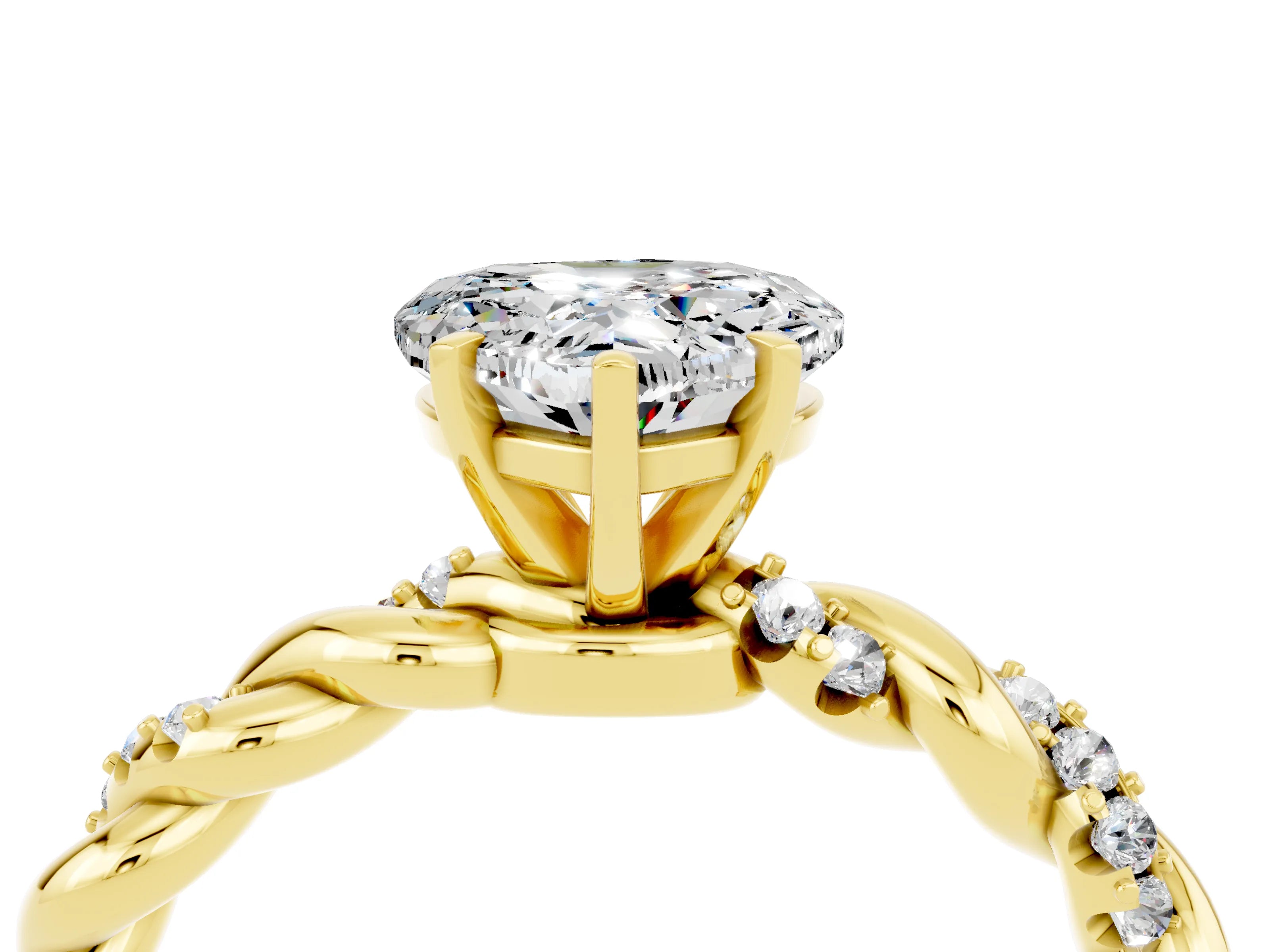 Yellow gold Heart Cut Moissanite Solitaire Ring with Twisted Band and Pavé Accents_4