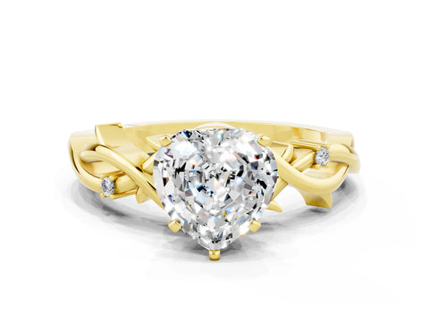 Yellow gold Heart Cut Moissanite Solitaire Ring with Twisted Band and Prong Setting