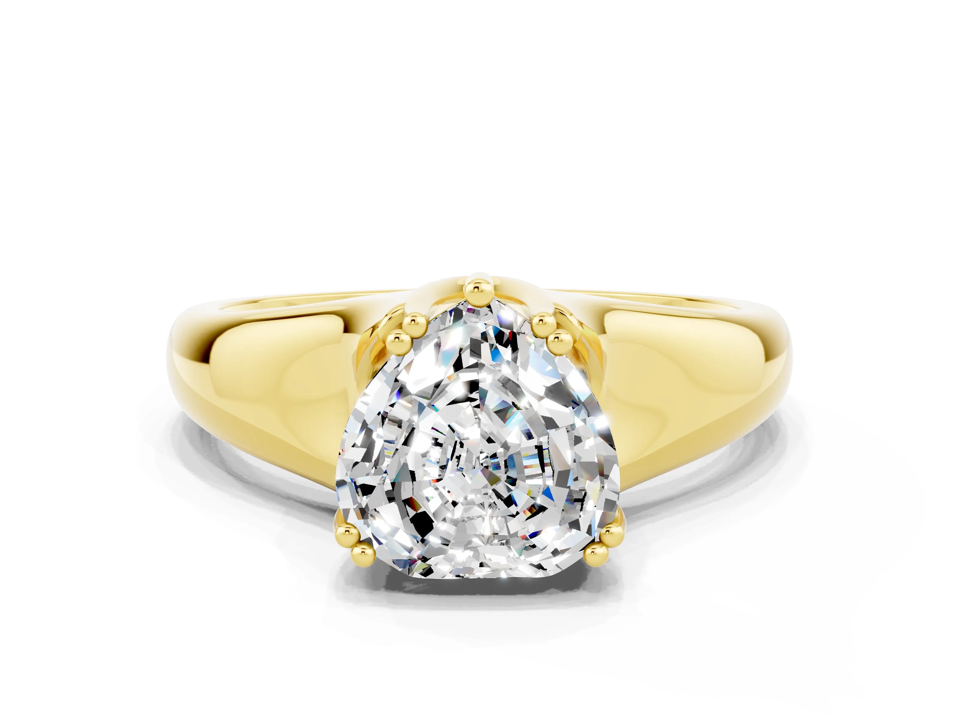 Yellow gold Heart Cut Moissanite Solitaire Ring with Wide Band and Prong Setting
