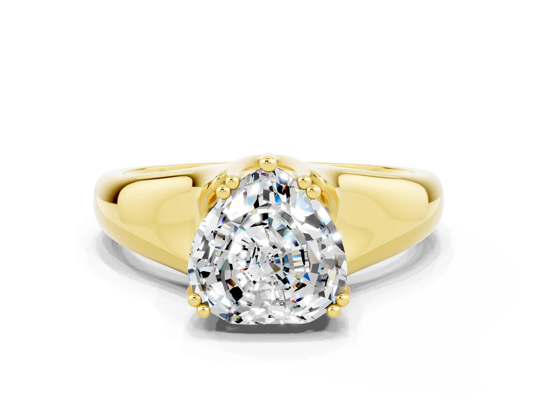 Yellow gold Heart Cut Moissanite Solitaire Ring with Wide Band and Prong Setting