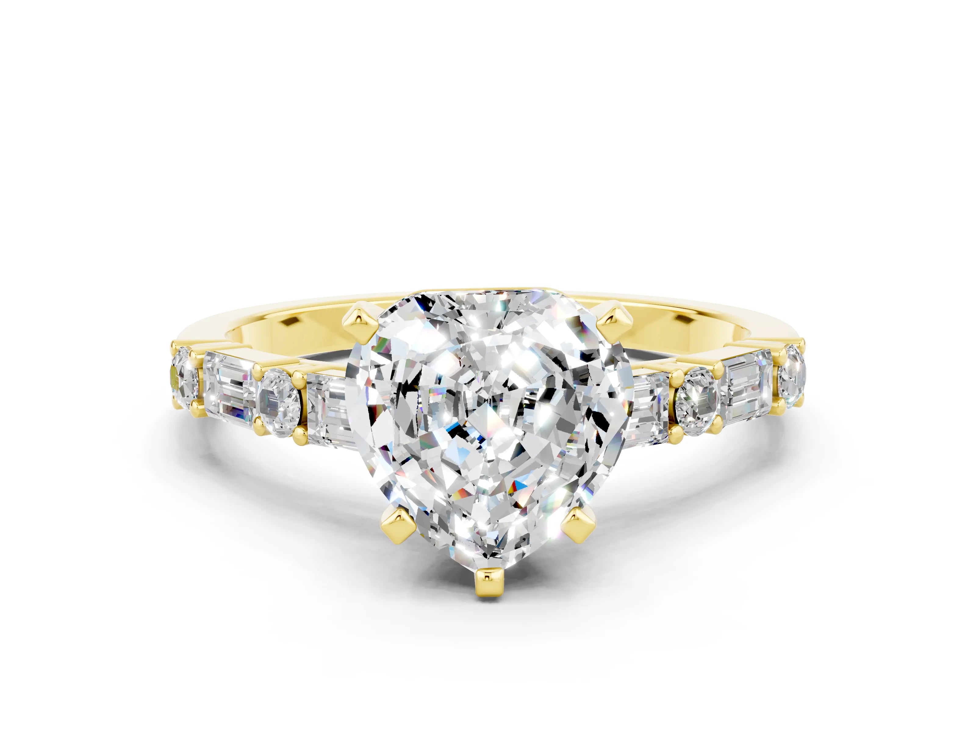 Yellow gold Heart Cut Moissanite Solitaire with Side Baguettes and Channel Set Band
