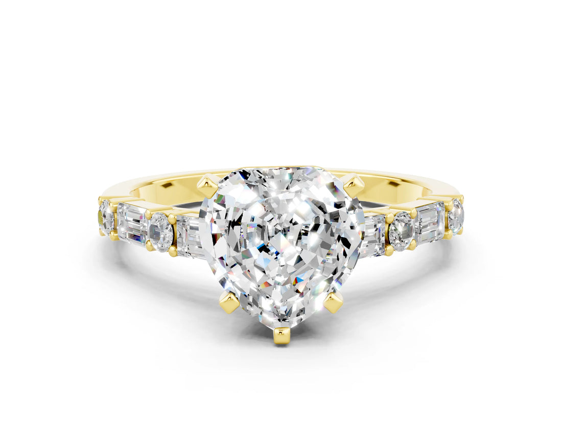 Yellow gold Heart Cut Moissanite Solitaire with Side Baguettes and Channel Set Band