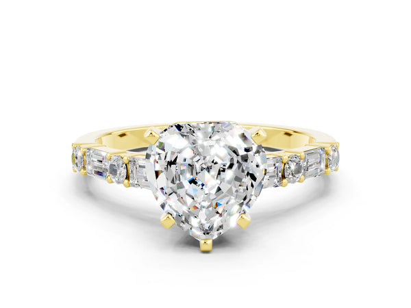 Yellow gold Heart Cut Moissanite Solitaire with Side Baguettes and Channel Set Band