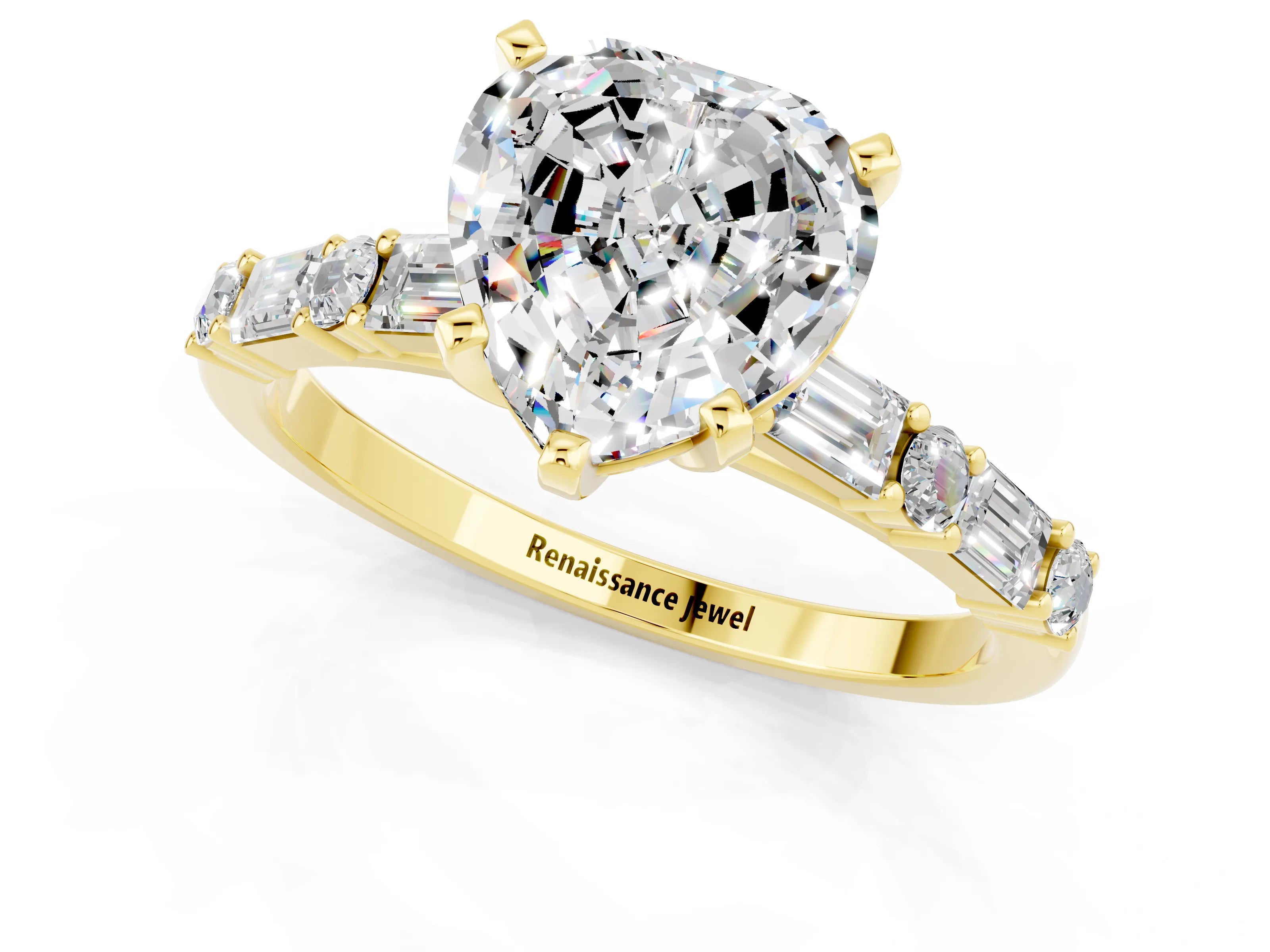 Yellow gold Heart Cut Moissanite Solitaire with Side Baguettes and Channel Set Band_1