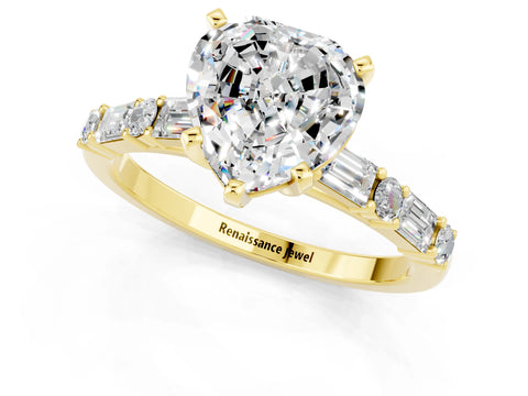 Yellow gold Heart Cut Moissanite Solitaire with Side Baguettes and Channel Set Band_1