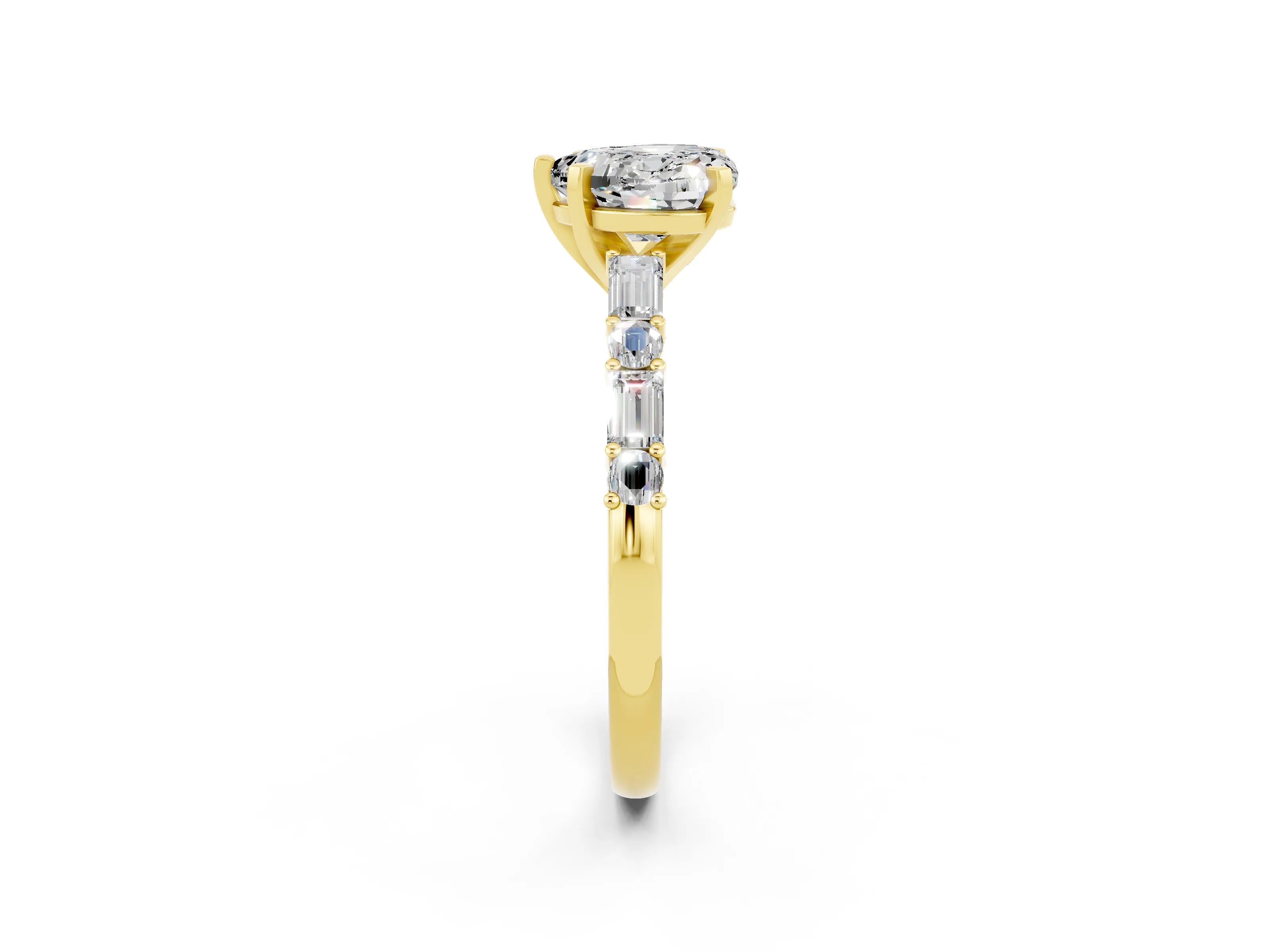 Yellow gold Heart Cut Moissanite Solitaire with Side Baguettes and Channel Set Band_2