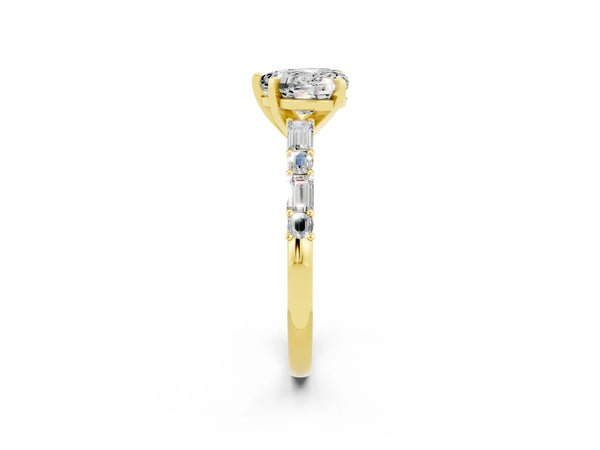 Yellow gold Heart Cut Moissanite Solitaire with Side Baguettes and Channel Set Band
