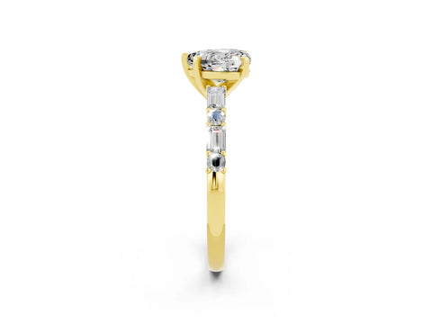Yellow gold Heart Cut Moissanite Solitaire with Side Baguettes and Channel Set Band_2