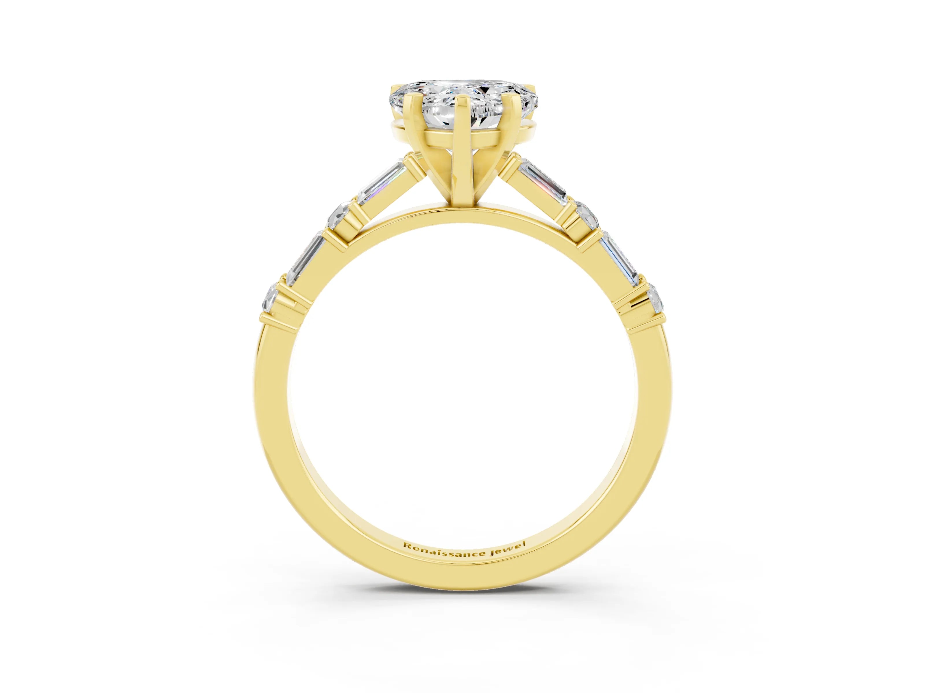 Yellow gold Heart Cut Moissanite Solitaire with Side Baguettes and Channel Set Band_3