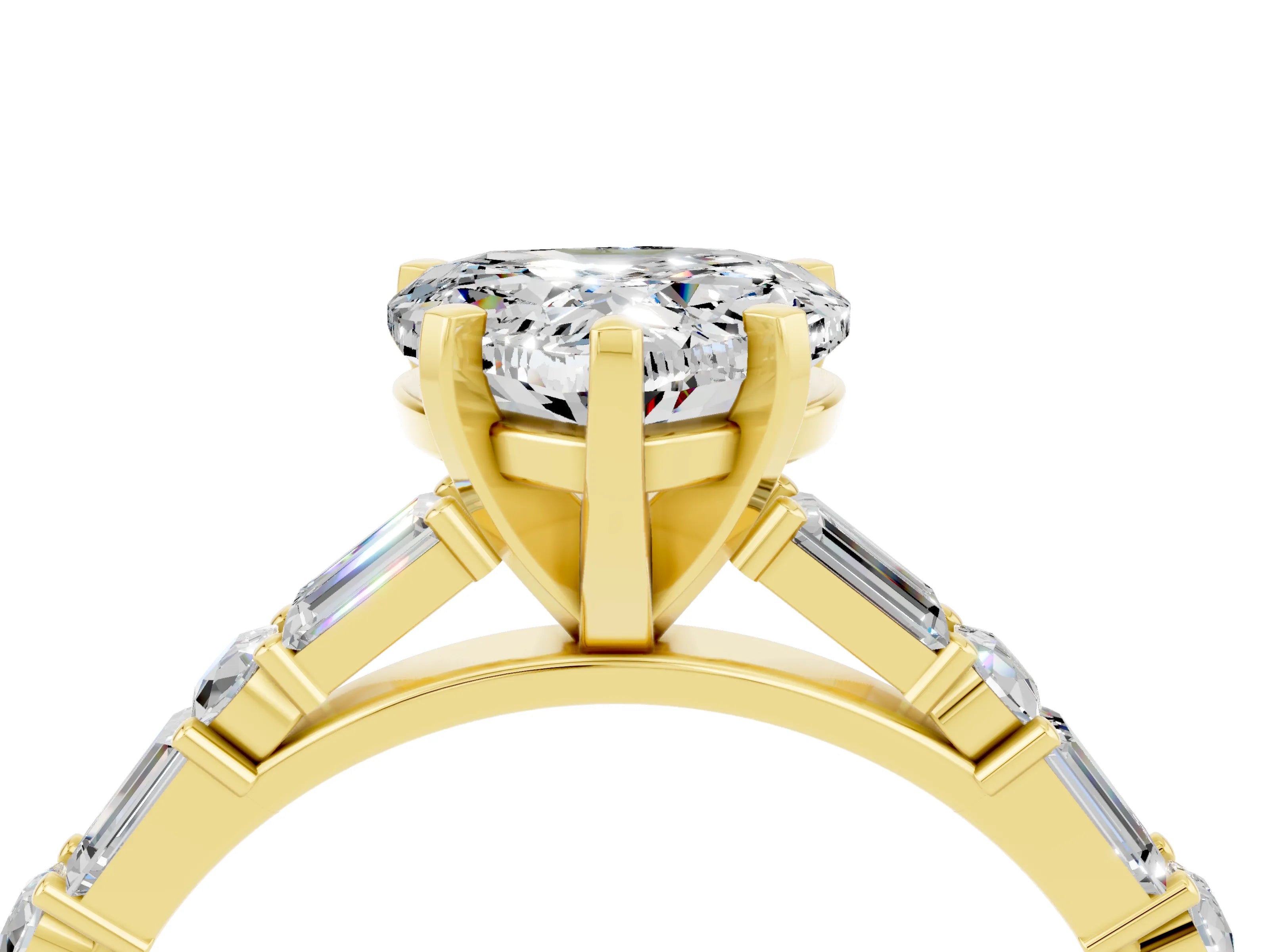 Yellow gold Heart Cut Moissanite Solitaire with Side Baguettes and Channel Set Band_4