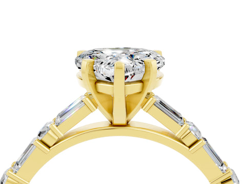 Yellow gold Heart Cut Moissanite Solitaire with Side Baguettes and Channel Set Band_4