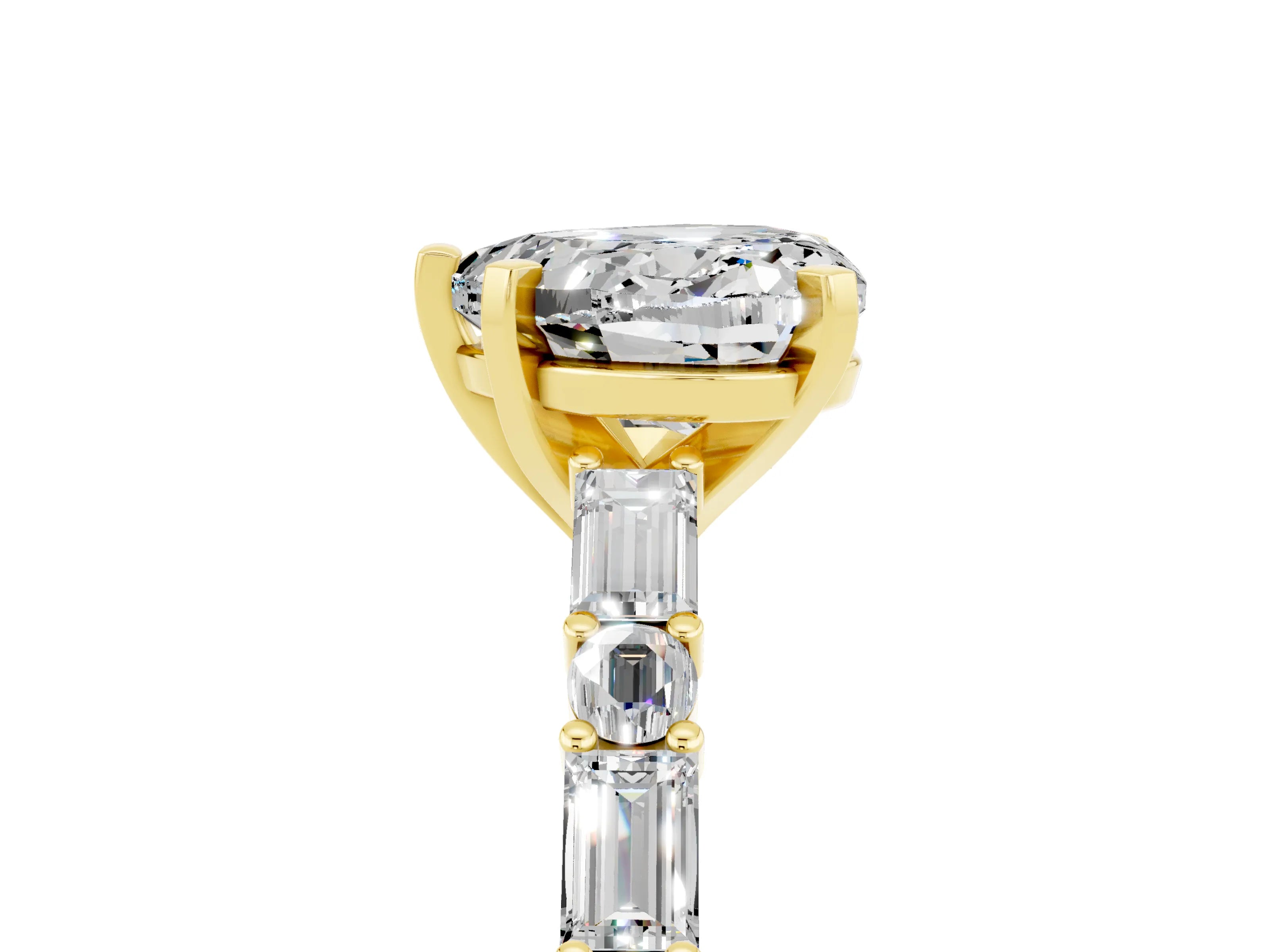 Yellow gold Heart Cut Moissanite Solitaire with Side Baguettes and Channel Set Band_5