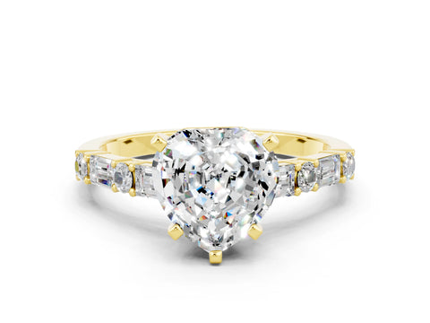 Yellow gold Heart Cut Moissanite Solitaire with Side Baguettes and Channel Set Band