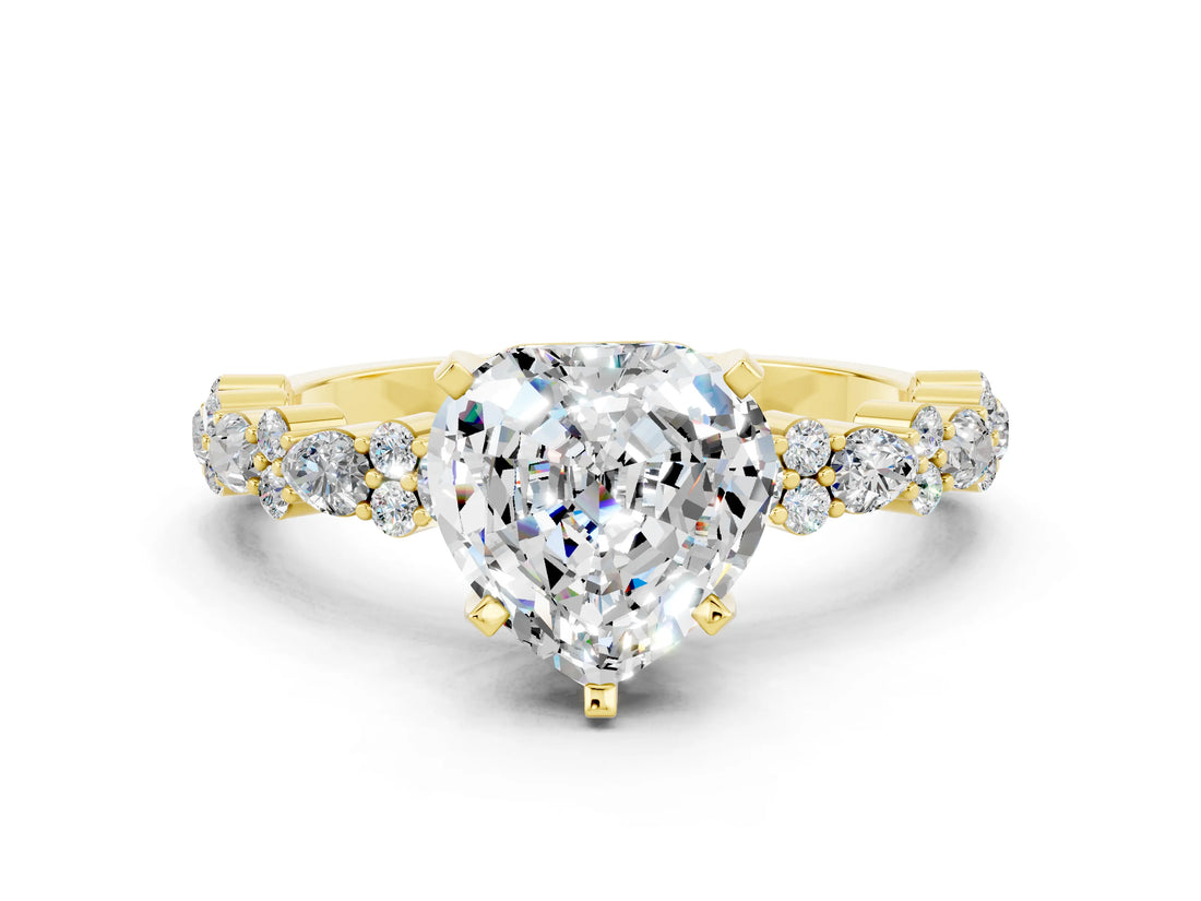 Yellow gold Heart Cut Moissanite Solitaire with Side Stones, Pave Band, Four-Prong Setting_24