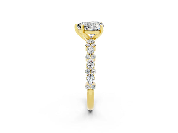 Yellow gold Heart Cut Moissanite Side Stone Solitaire Ring with Round  and Four-Prong Setting