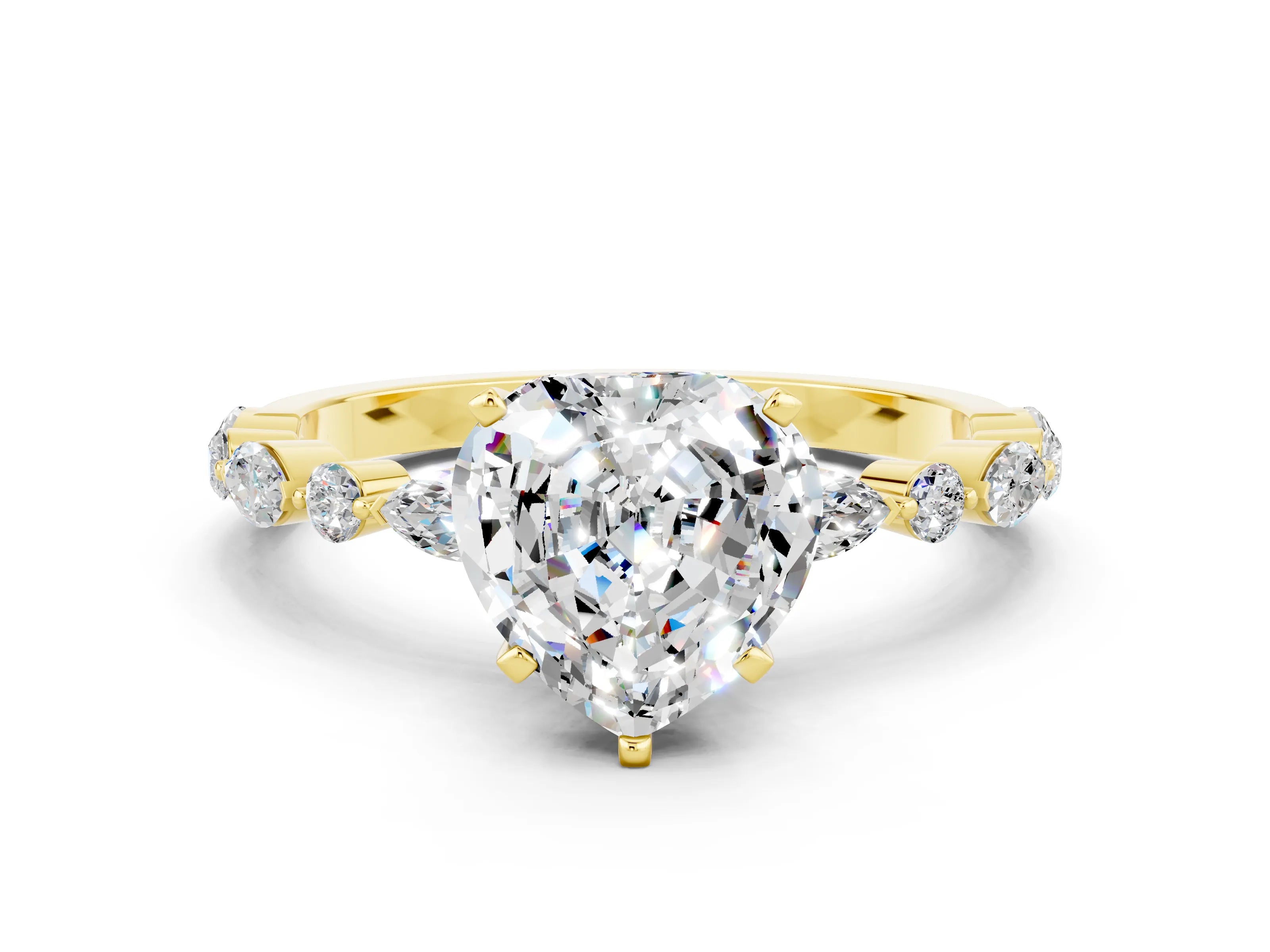 Yellow gold Heart Cut Moissanite Solitaire with Side Stones on a Pavé Band and Four-Prong Setting