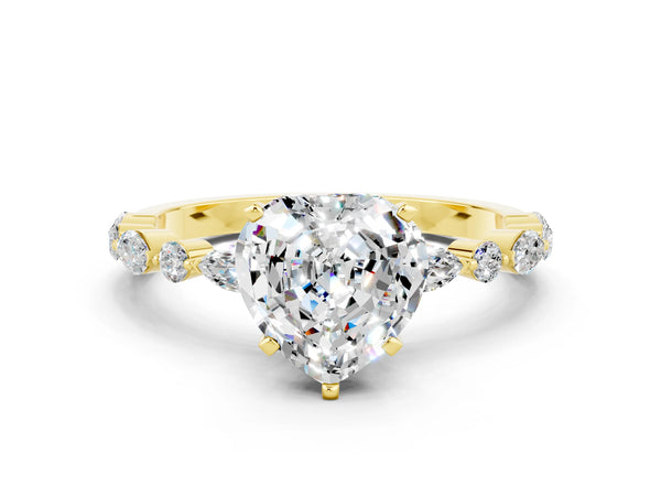 Yellow gold Heart Cut Moissanite Ring with Marquise and Round  Side Stones and Four-Prong Setting