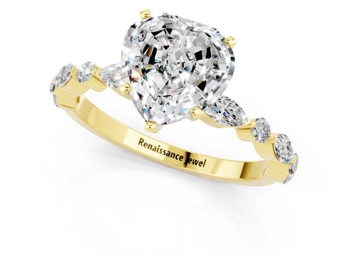 Yellow gold Heart Cut Moissanite Solitaire with Side Stones on a Pavé Band and Four-Prong Setting_1