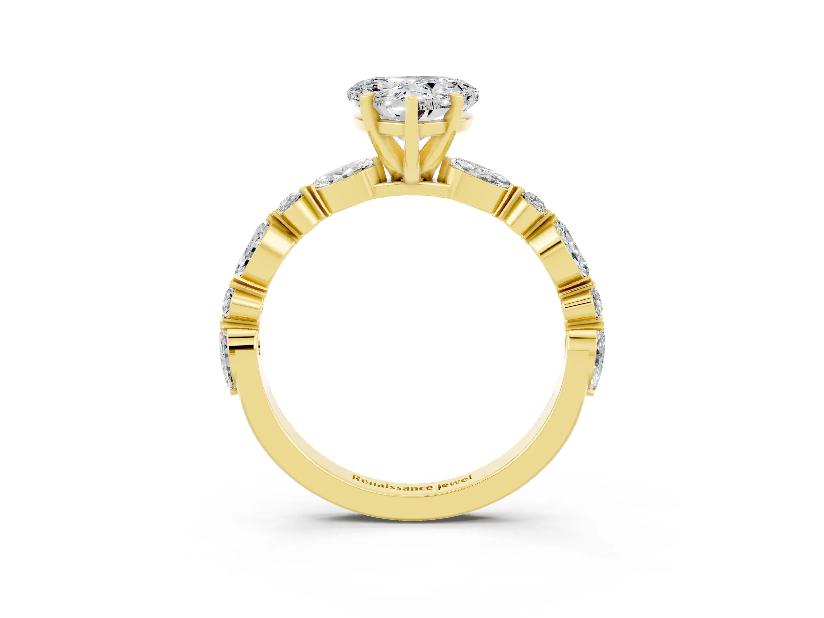 Yellow gold Heart Cut Moissanite Solitaire with Side Stones on a Pavé Band and Four-Prong Setting_3