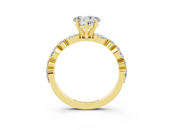 Yellow gold Heart Cut Moissanite Ring with Marquise and Round  Side Stones and Four-Prong Setting