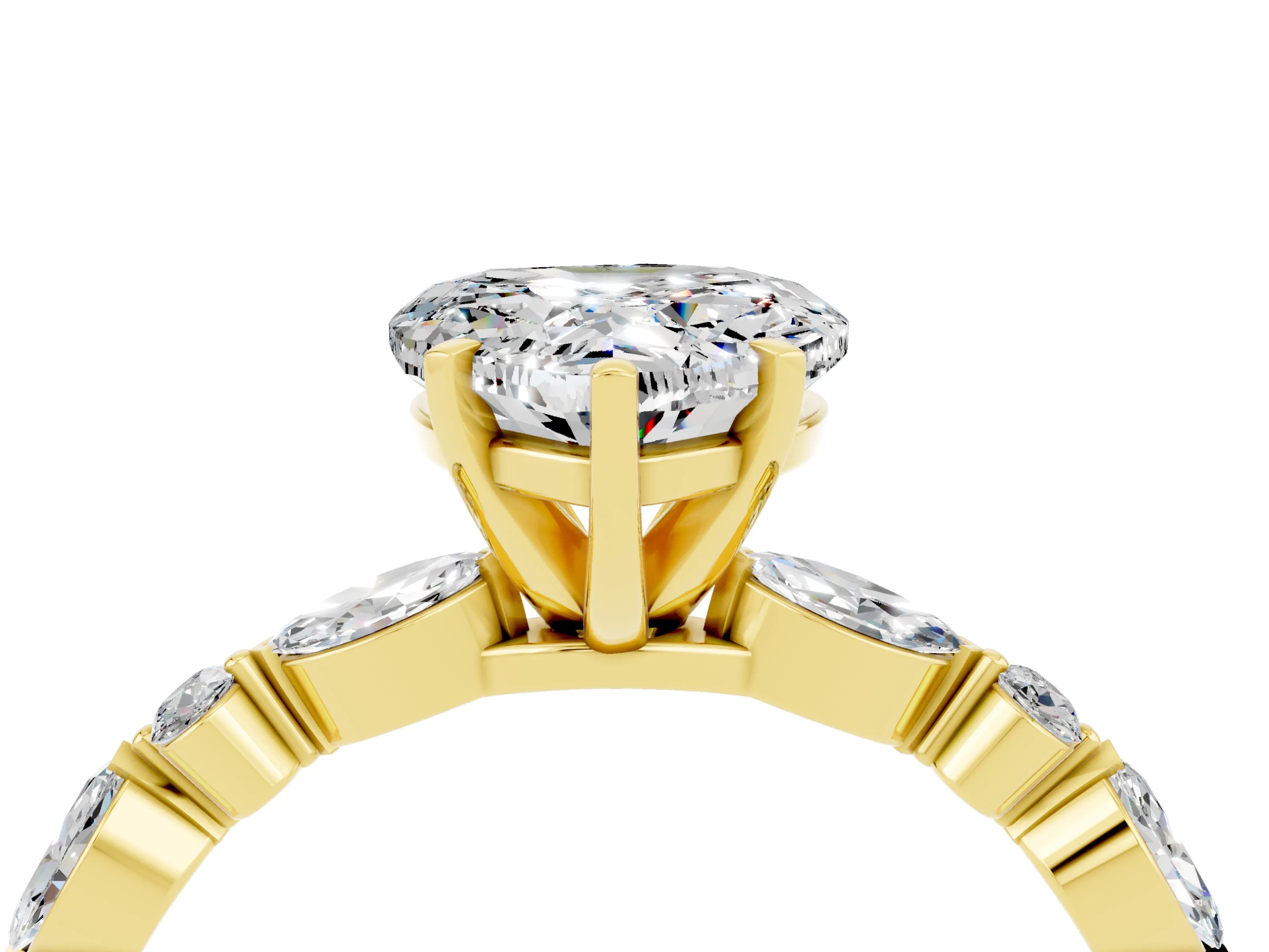 Yellow gold Heart Cut Moissanite Solitaire with Side Stones on a Pavé Band and Four-Prong Setting_4