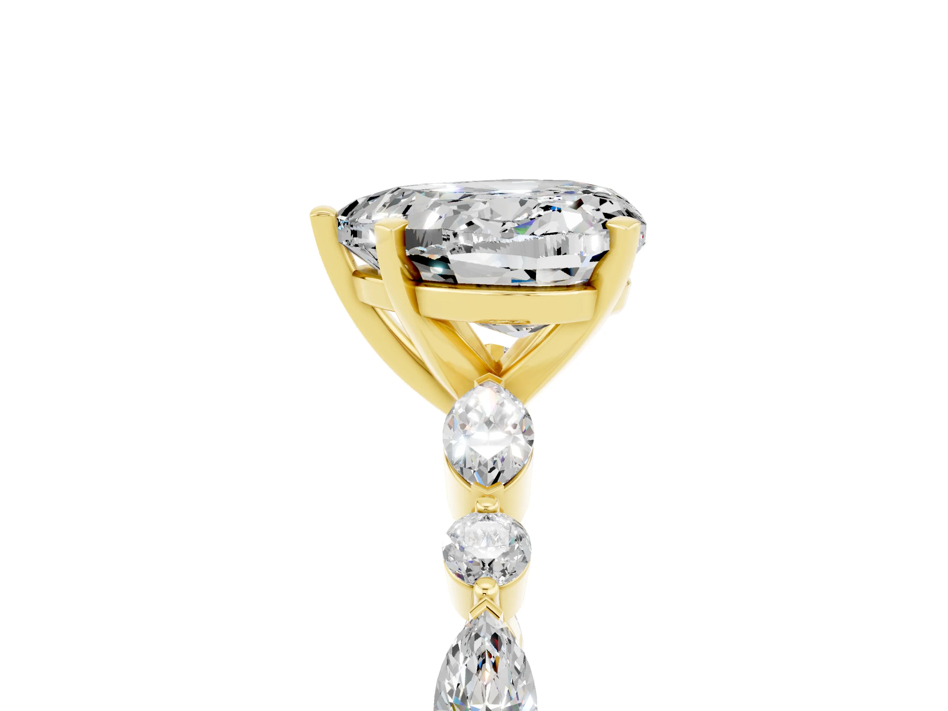 Yellow gold Heart Cut Moissanite Solitaire with Side Stones on a Pavé Band and Four-Prong Setting_5