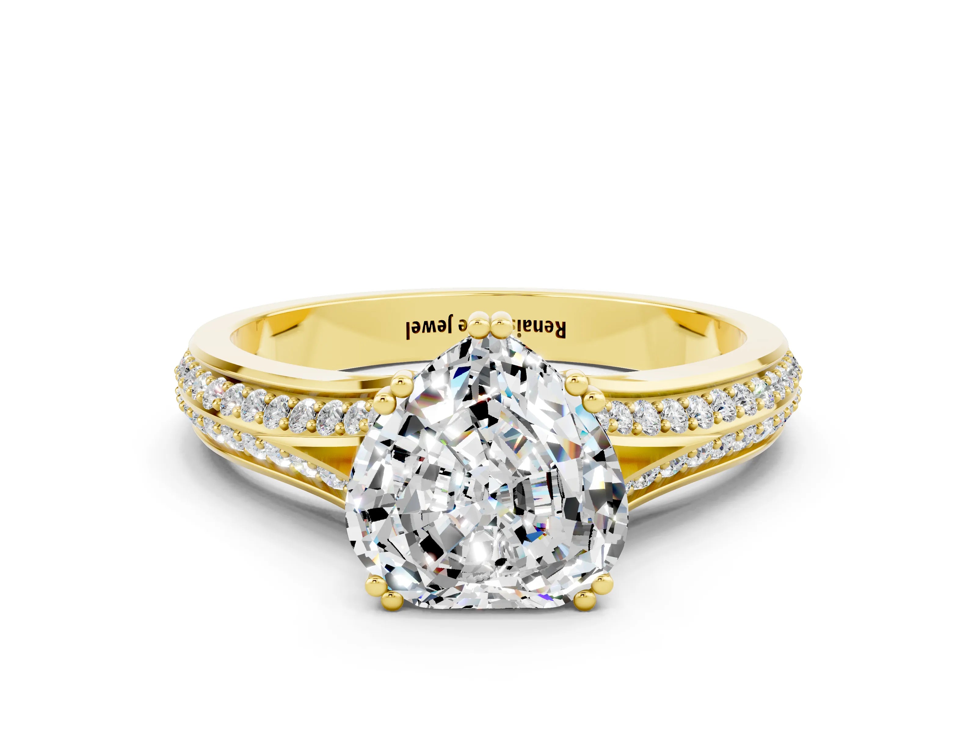 Yellow gold Heart Cut Moissanite Split Shank Engagement Ring with Pavé Band