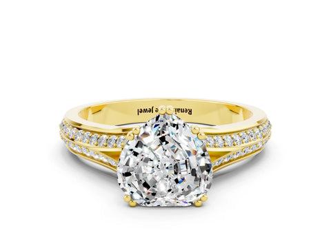 Yellow gold Heart Cut Moissanite Split Shank Engagement Ring with Pavé Band
