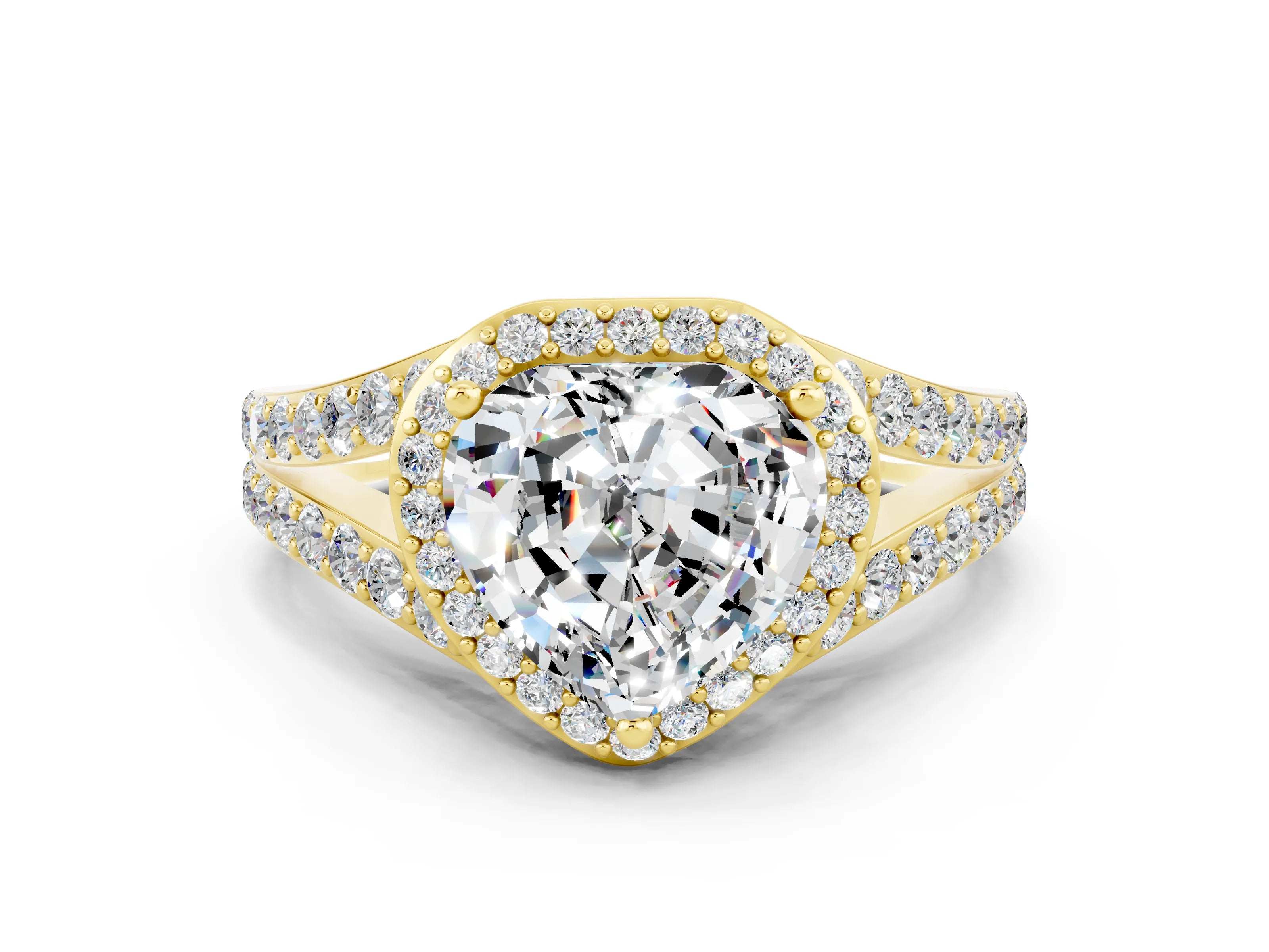 Yellow gold Heart Cut Moissanite Split Shank Halo Ring with Four-Prong Setting_12