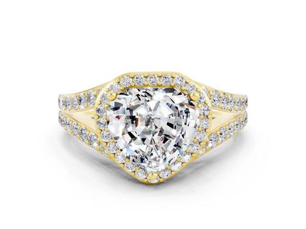 Yellow gold Heart Cut Moissanite Split Shank Halo Ring with Four-Prong Setting