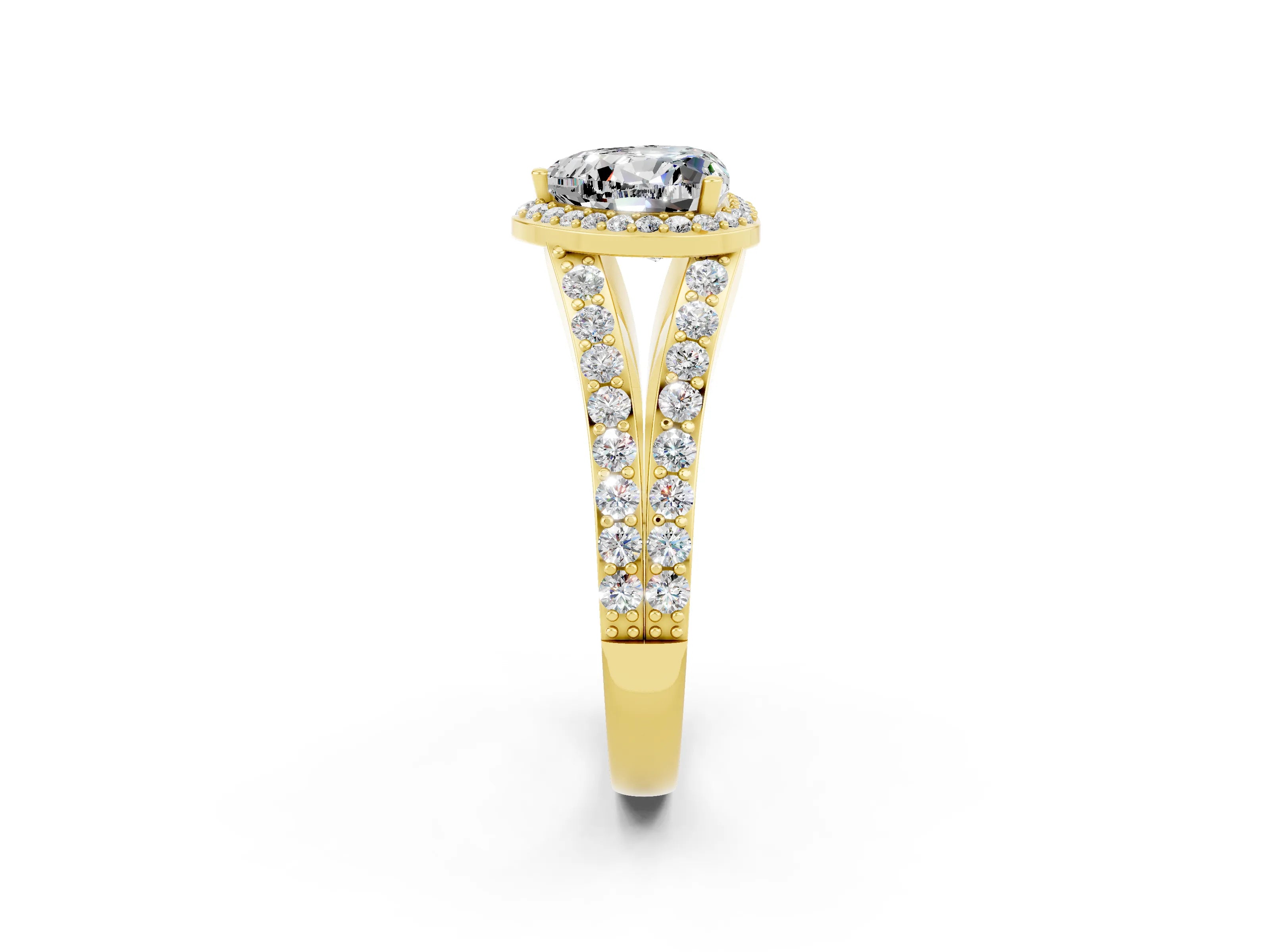 Yellow gold Heart Cut Moissanite Split Shank Halo Ring with Four-Prong Setting_14