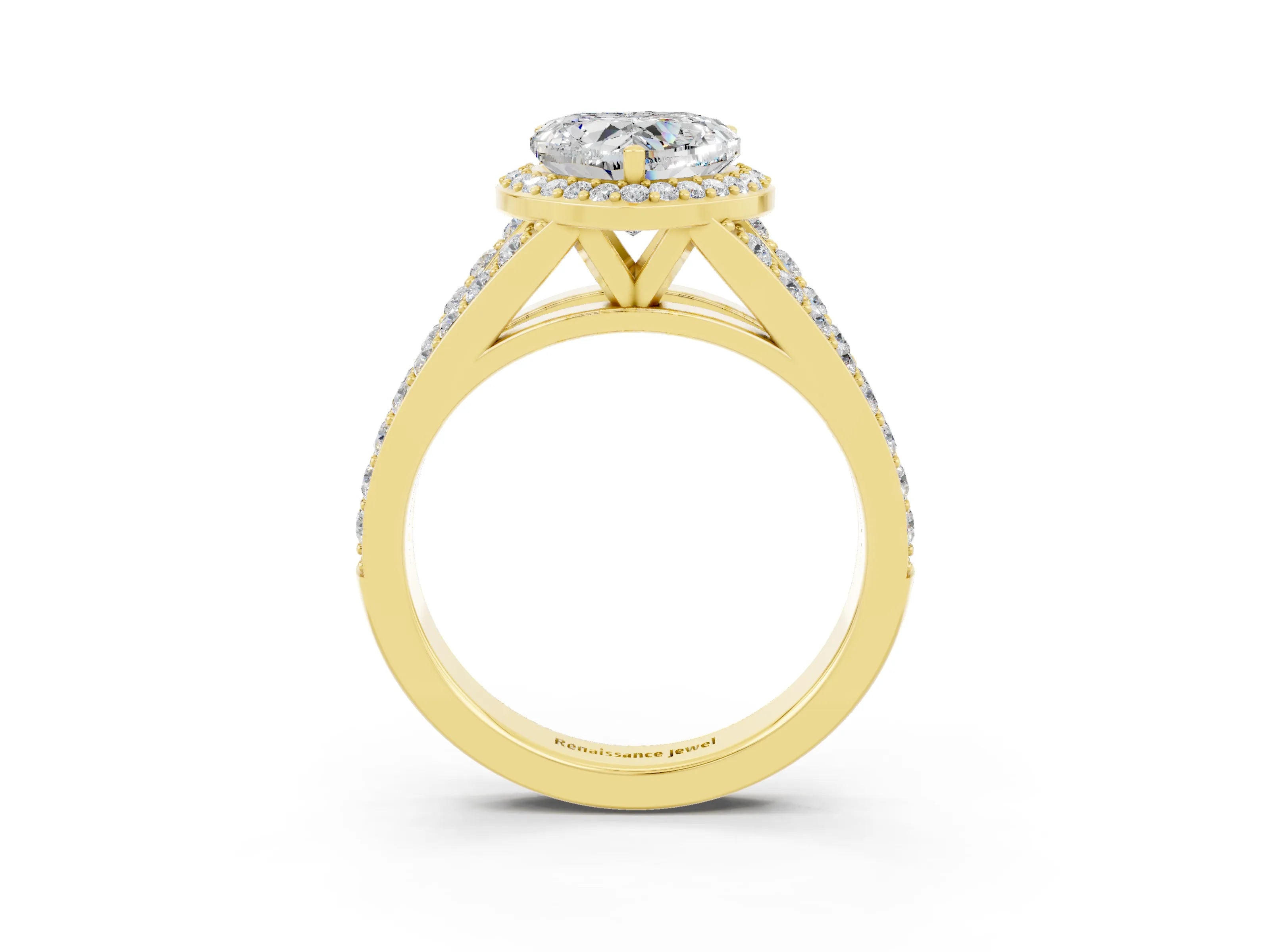 Yellow gold Heart Cut Moissanite Split Shank Halo Ring with Four-Prong Setting_15