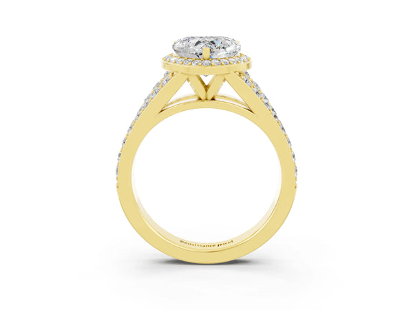 Yellow gold Heart Cut Moissanite Split Shank Halo Ring with Four-Prong Setting
