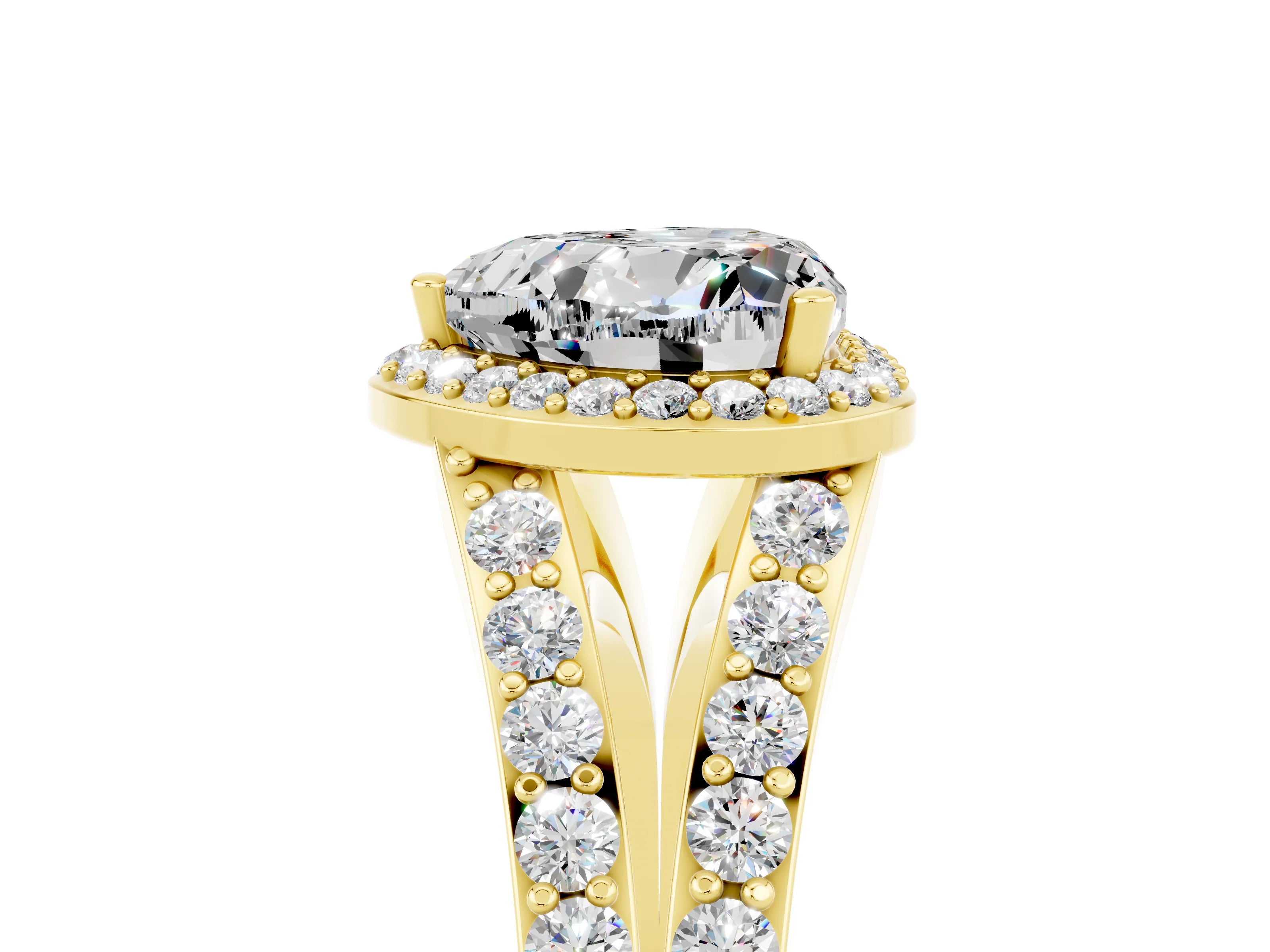 Yellow gold Heart Cut Moissanite Split Shank Halo Ring with Four-Prong Setting_17