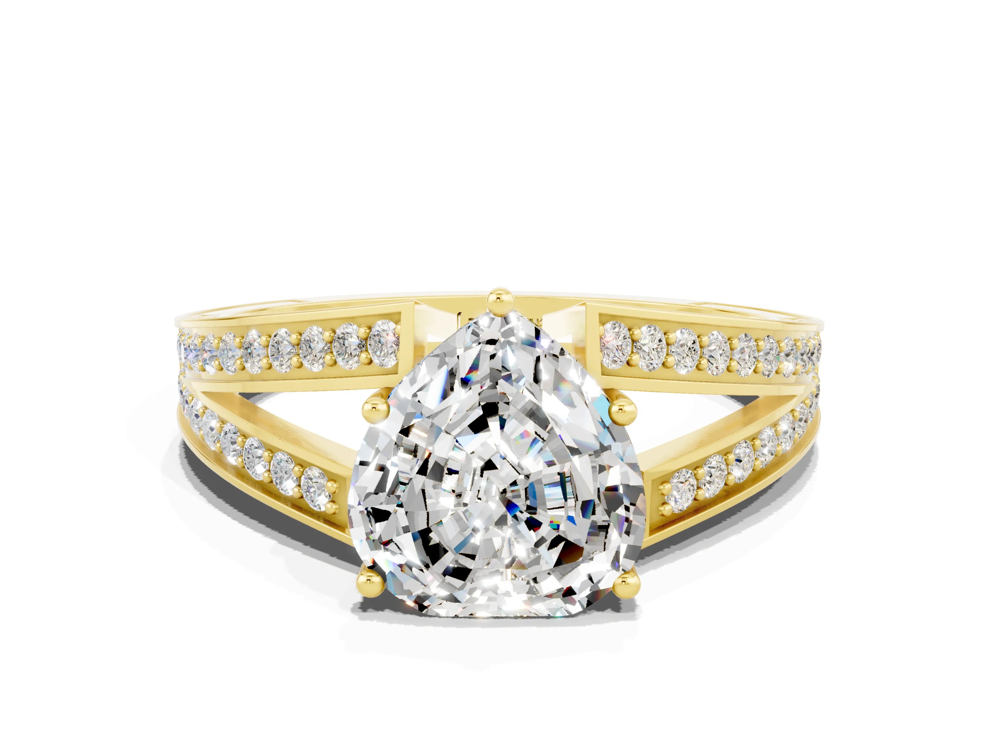 Yellow gold Heart Cut Moissanite Split Shank Ring with Pavé Band and Four-Prong Setting
