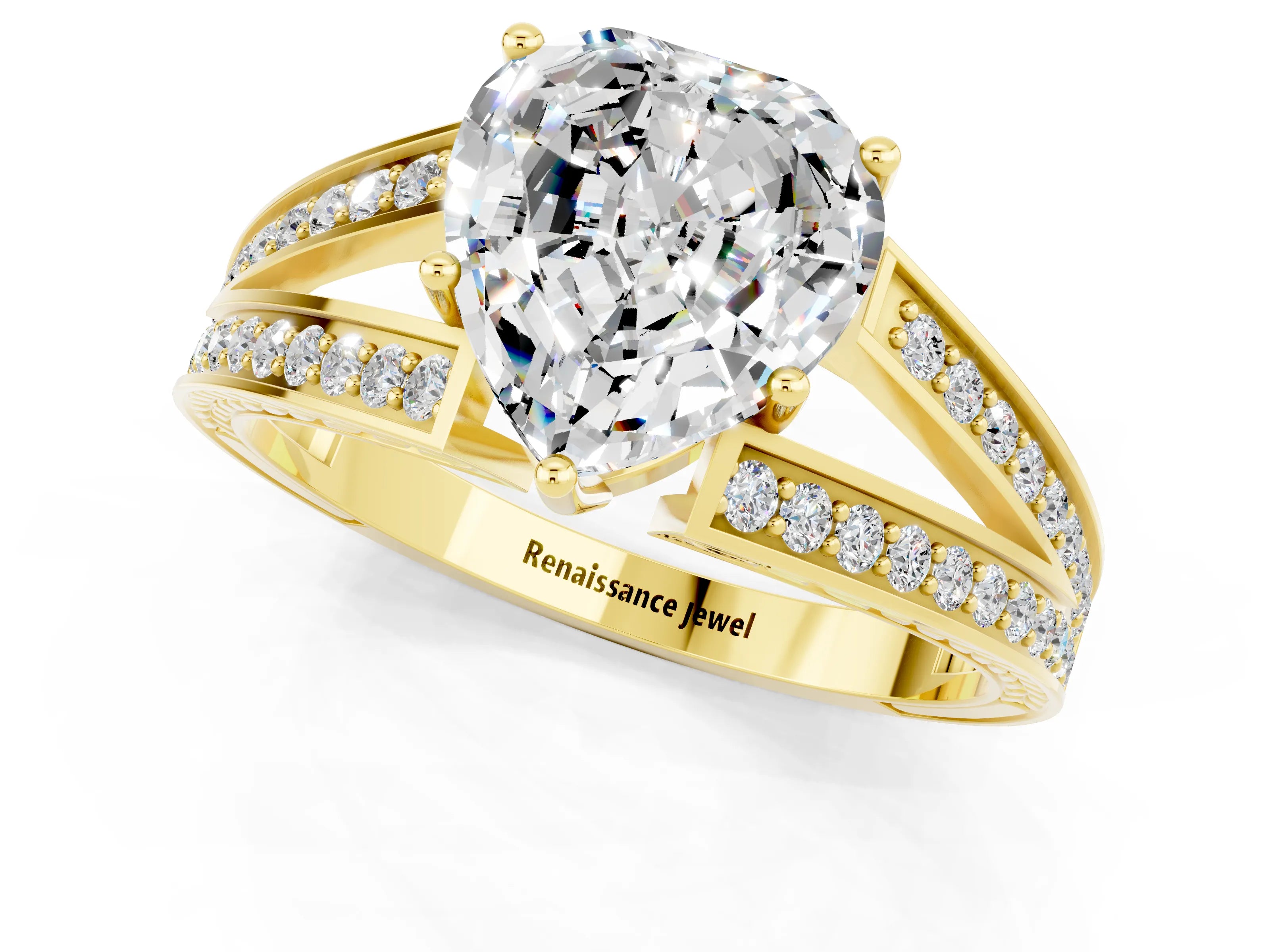 Yellow gold Heart Cut Moissanite Split Shank Ring with Pavé Band and Four-Prong Setting_1
