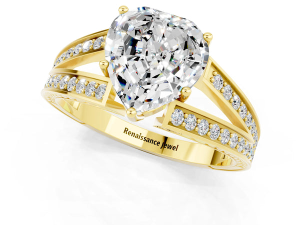 Yellow gold Heart Cut Moissanite Split Shank Ring with Pavé Band and Four-Prong Setting
