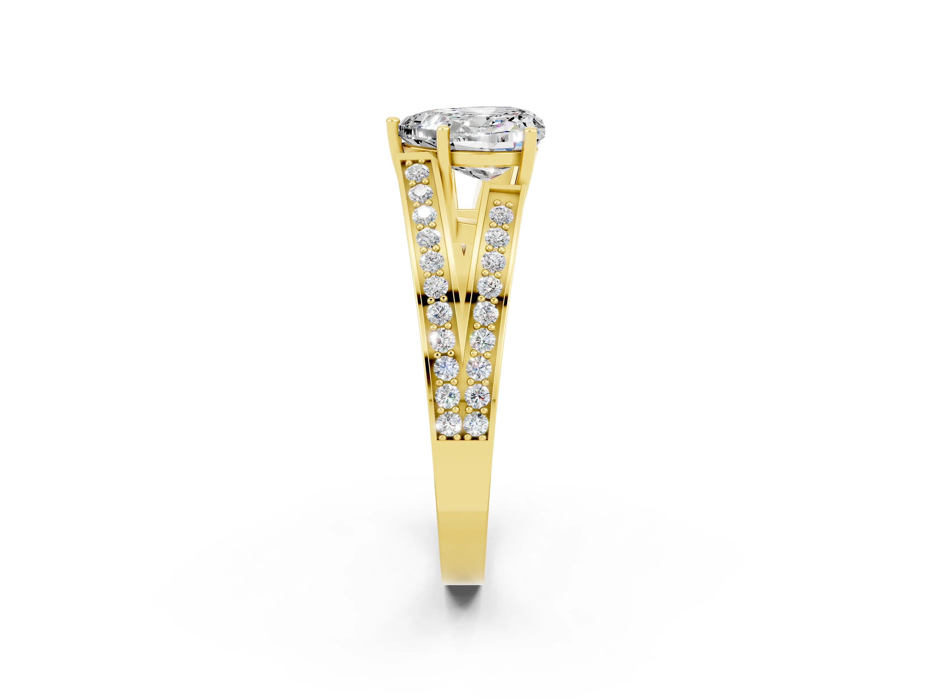 Yellow gold Heart Cut Moissanite Split Shank Ring with Pavé Band and Four-Prong Setting_2